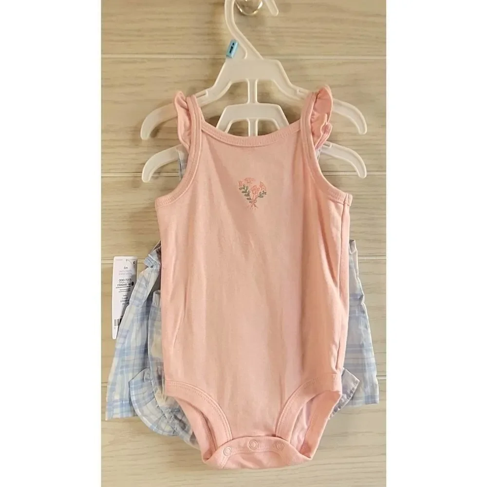 Carter's 3 piece Blue Plaid Pink Onsie Set with ruffle Bottom Girls Size 6m NEW - Picture 2 of 3